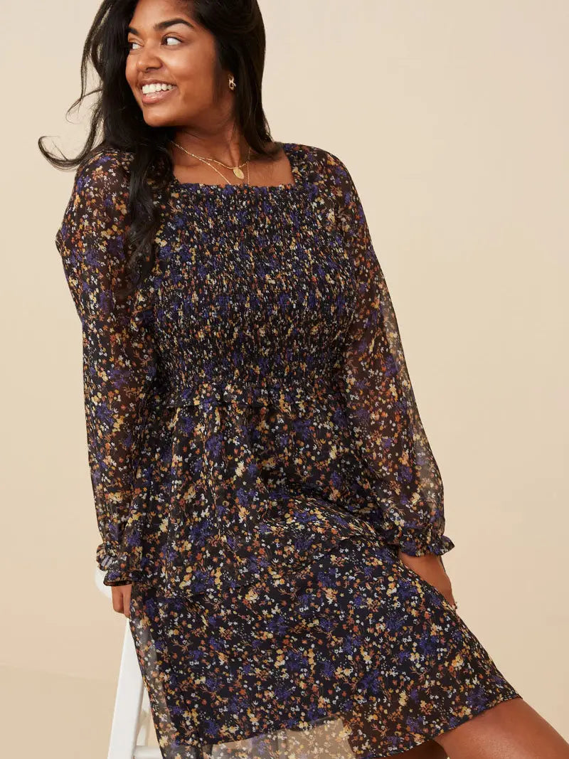 Smocked Square Neck Ditsy Floral Tiered Dress