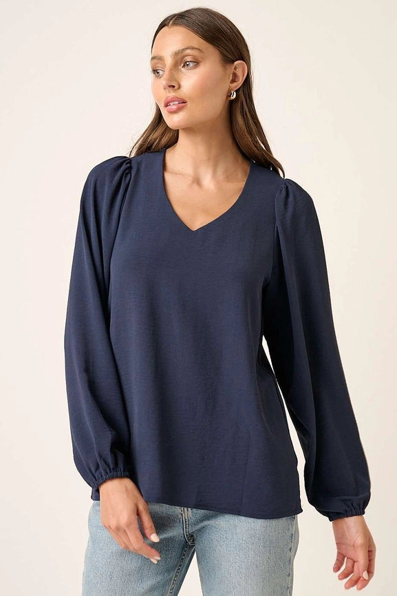 Navy Pleated Shoulder Long Sleeve Blouse