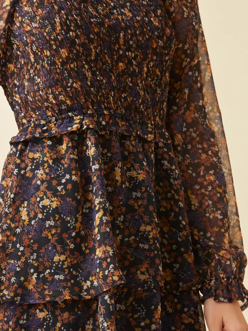 Smocked Square Neck Ditsy Floral Tiered Dress