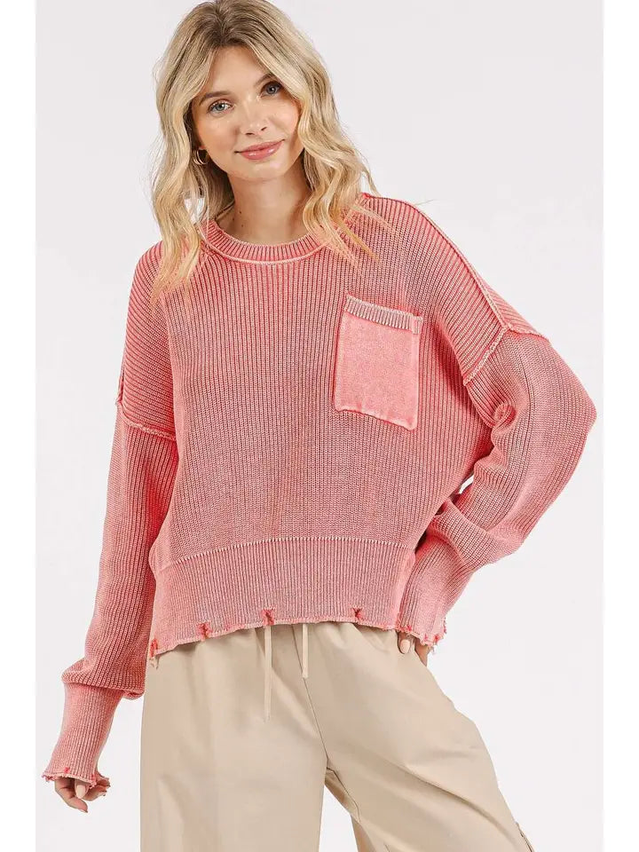 Strawberry Mineral Wash Distressed Crop Knit Sweater Top