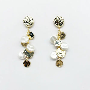 Gold Hammered Coin Stud with Gold and Pearl Drops 2.5" Earring
