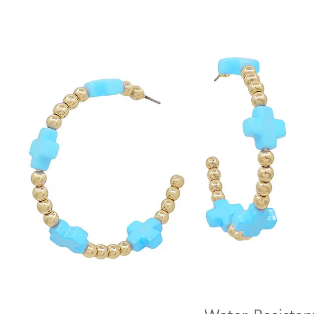 Water Resistant Gold Beaded and Turquoise Cross Shape 2" Earring