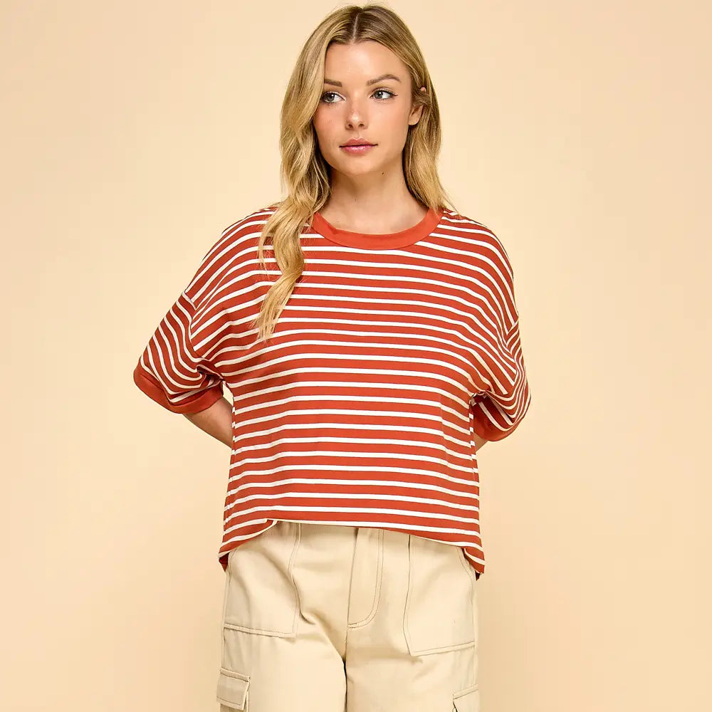 Rusty Beige Striped Knit Top