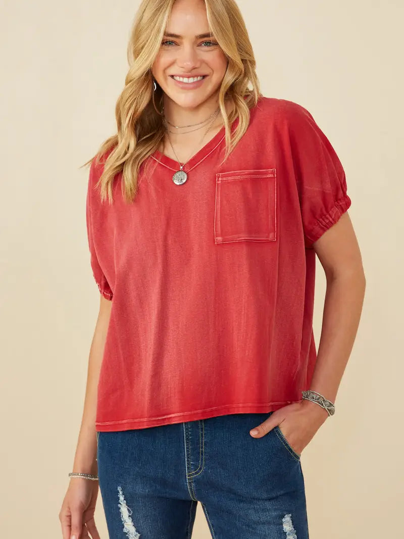 Womens Garment Washed V Neck Elastic Sleeve T Shirt