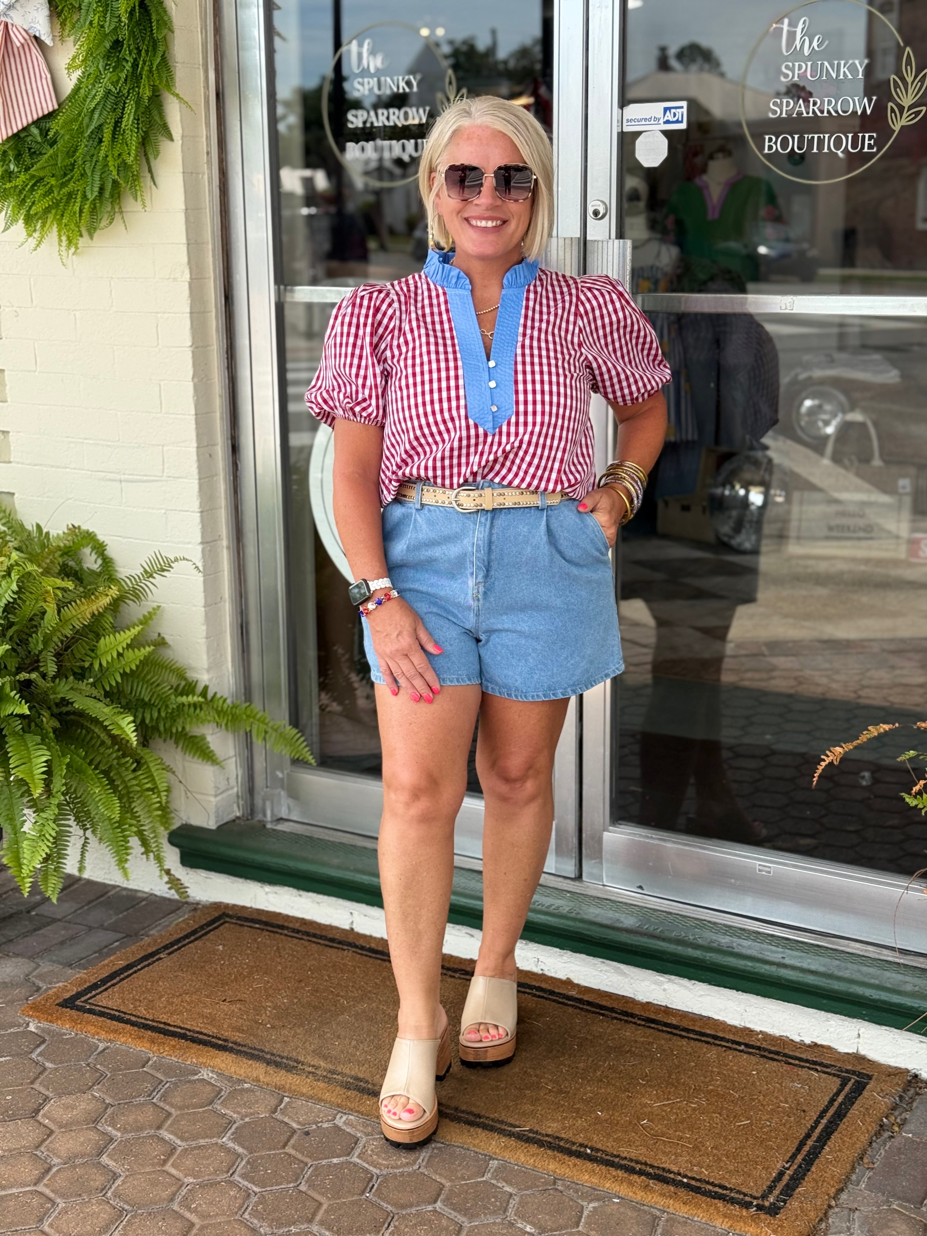 Red Gingham Short Puff Sleeve Top