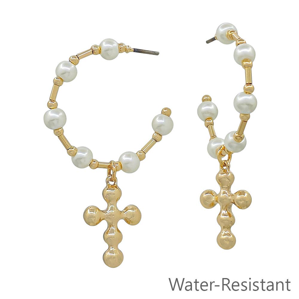 Pearl Beaded Hoop with Cross Drop 1.25
