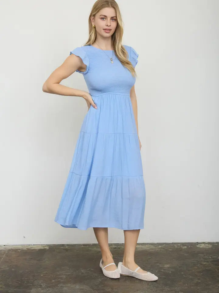 Cornflower Tiered Smocked Short Sleeve Midi Dress