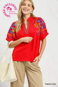 Tomato Red Multicolor Embroidered Split Neck Top