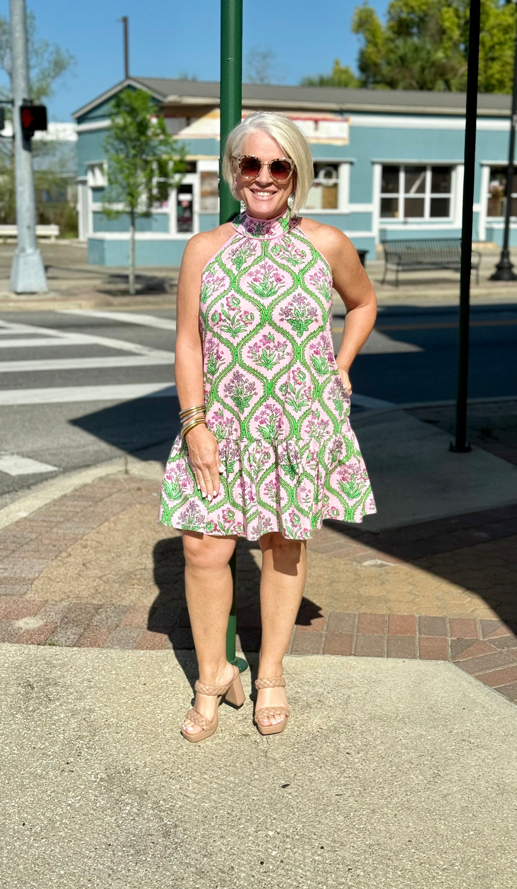 Pink Botanical Print Sleeveless Mini Dress