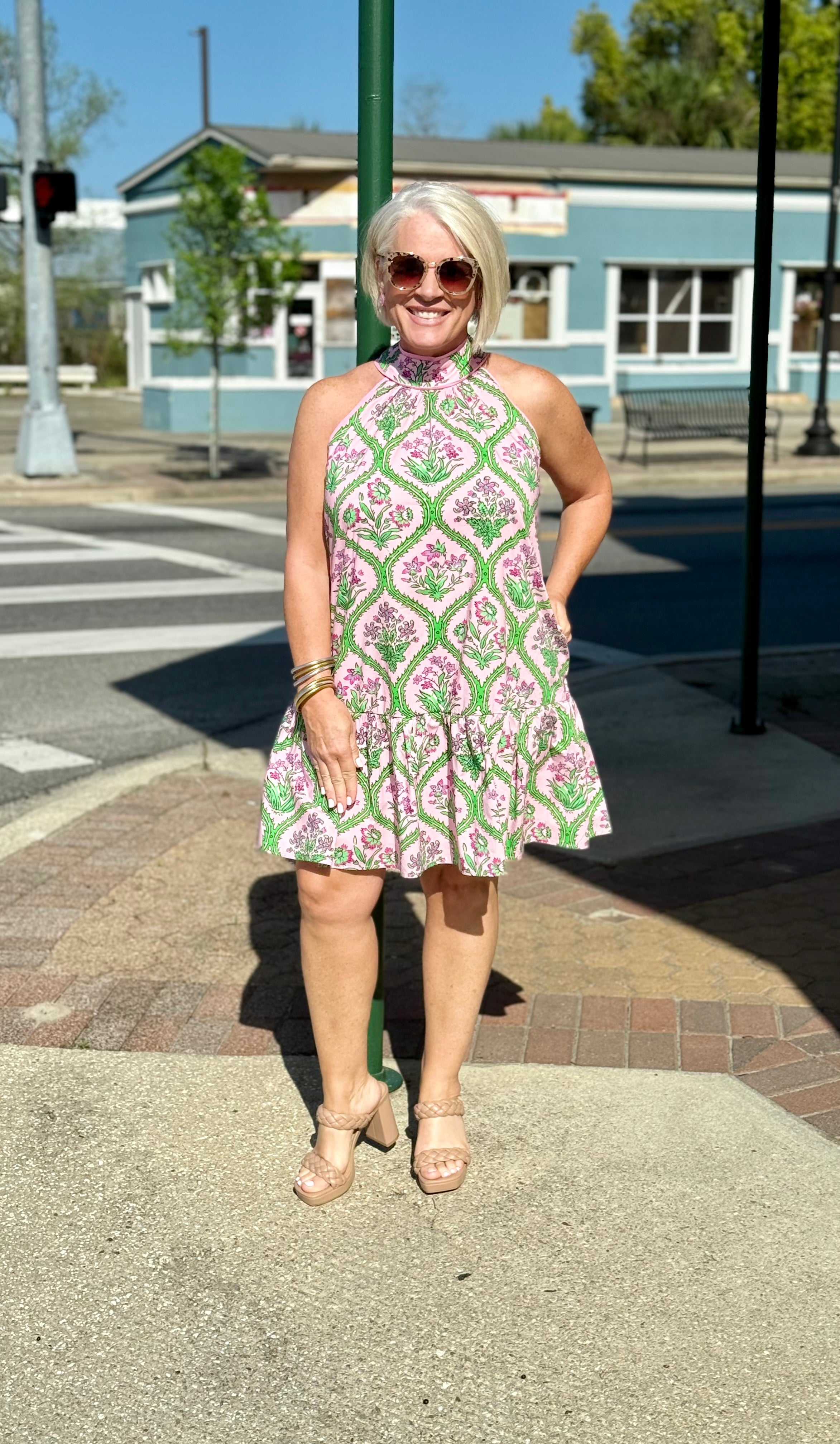 Pink Botanical Print Sleeveless Mini Dress