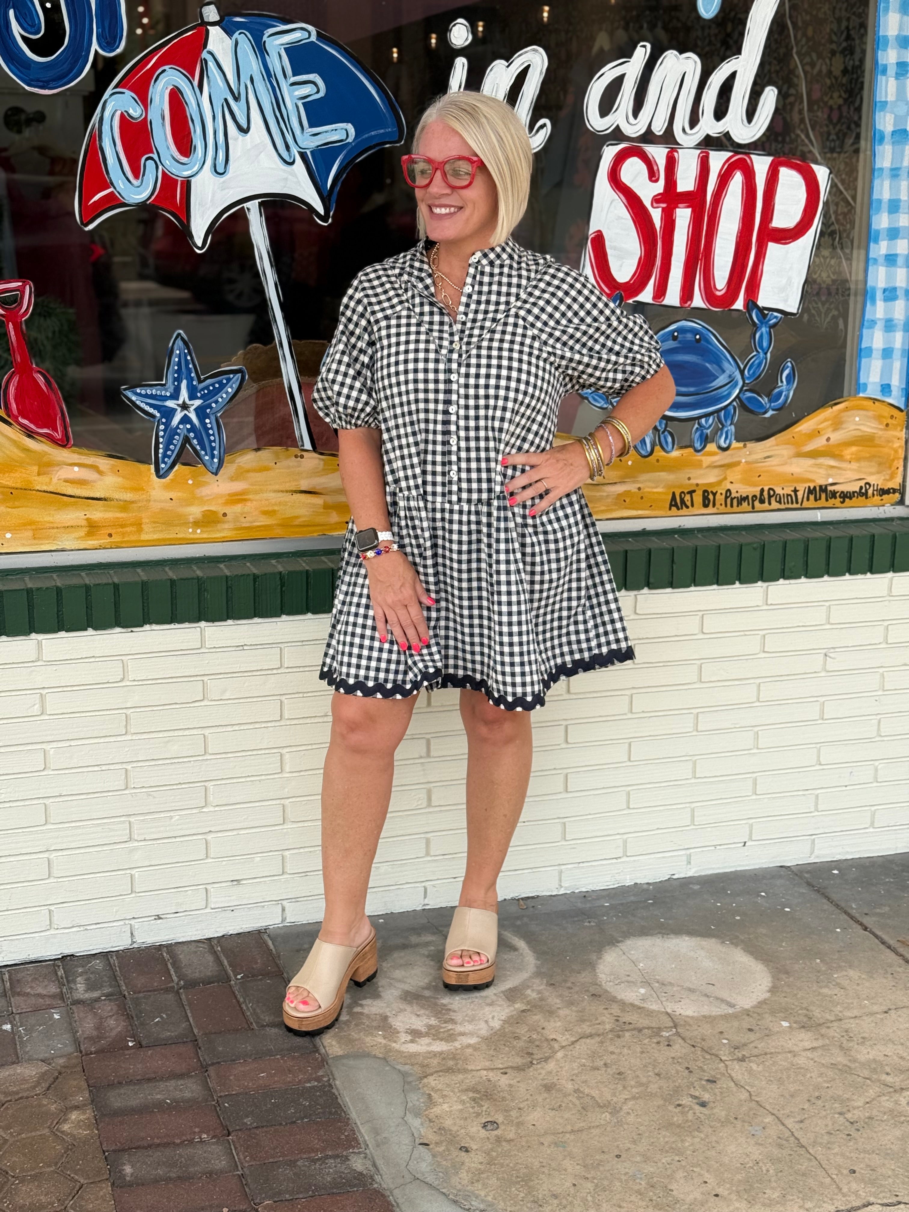 Dark Navy Gingham Button Front Ric Rac Trim Dress