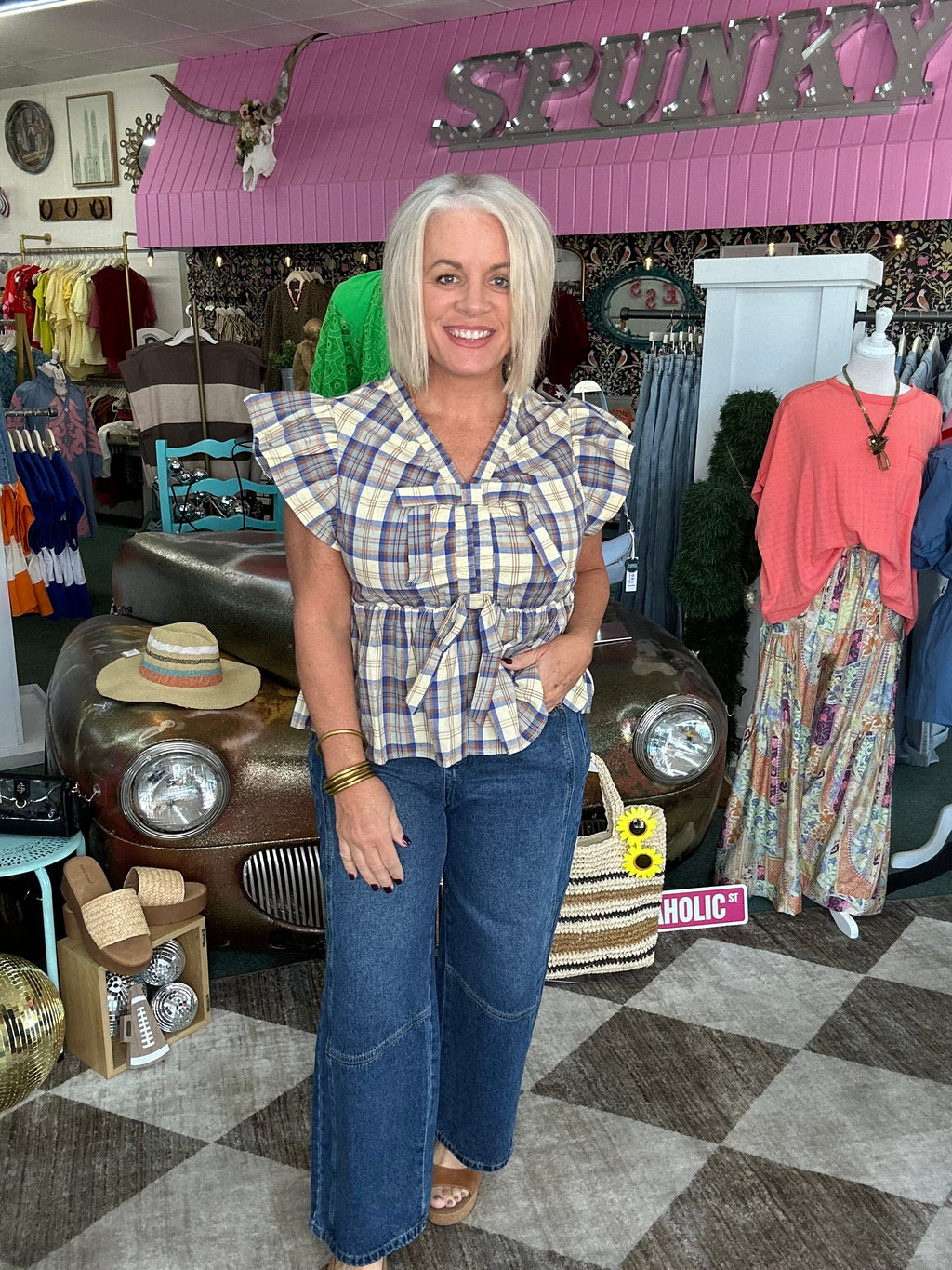 Plaid Check Bow Ties Peplum Top
