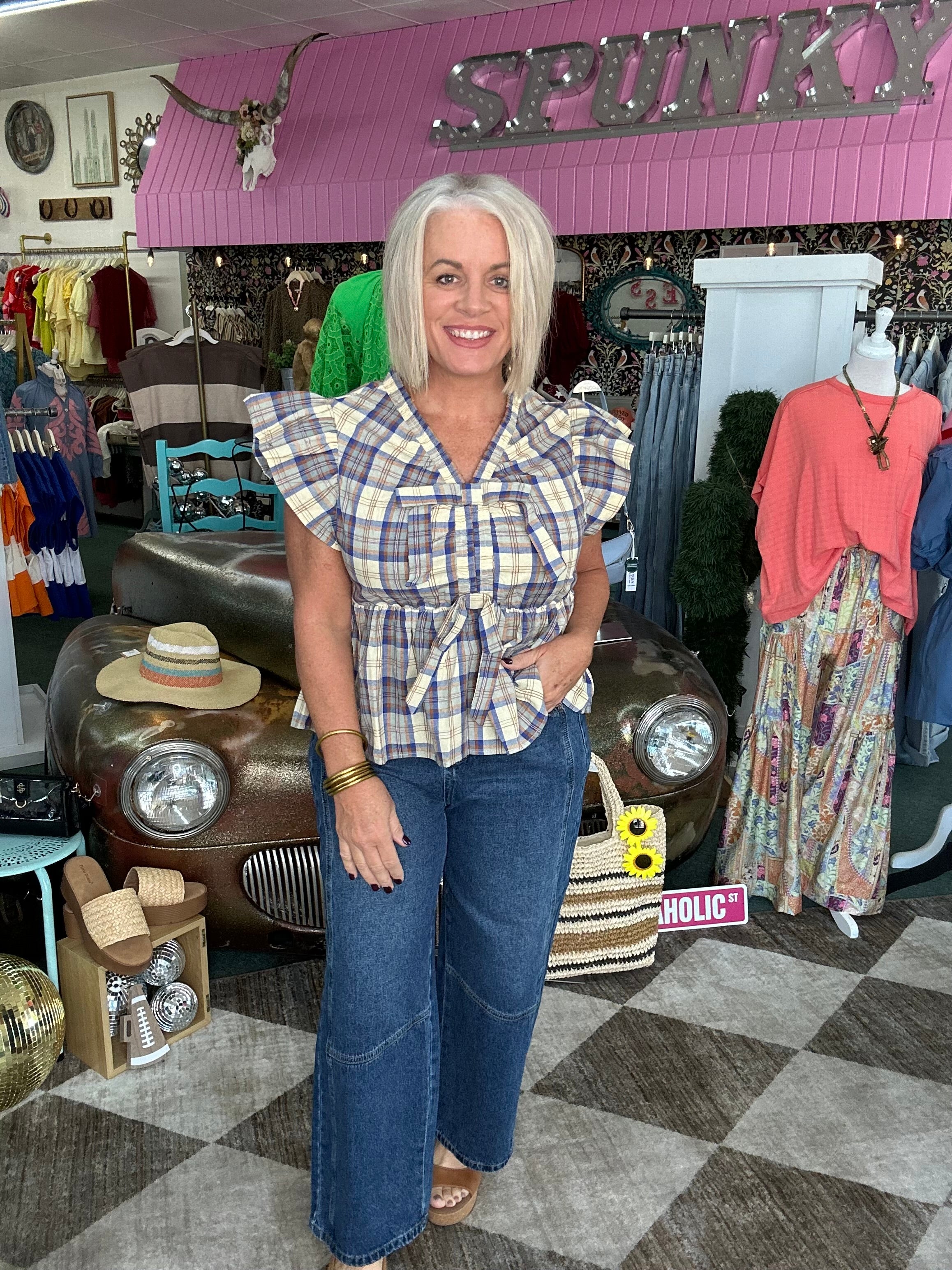 Plaid Check Bow Ties Peplum Top