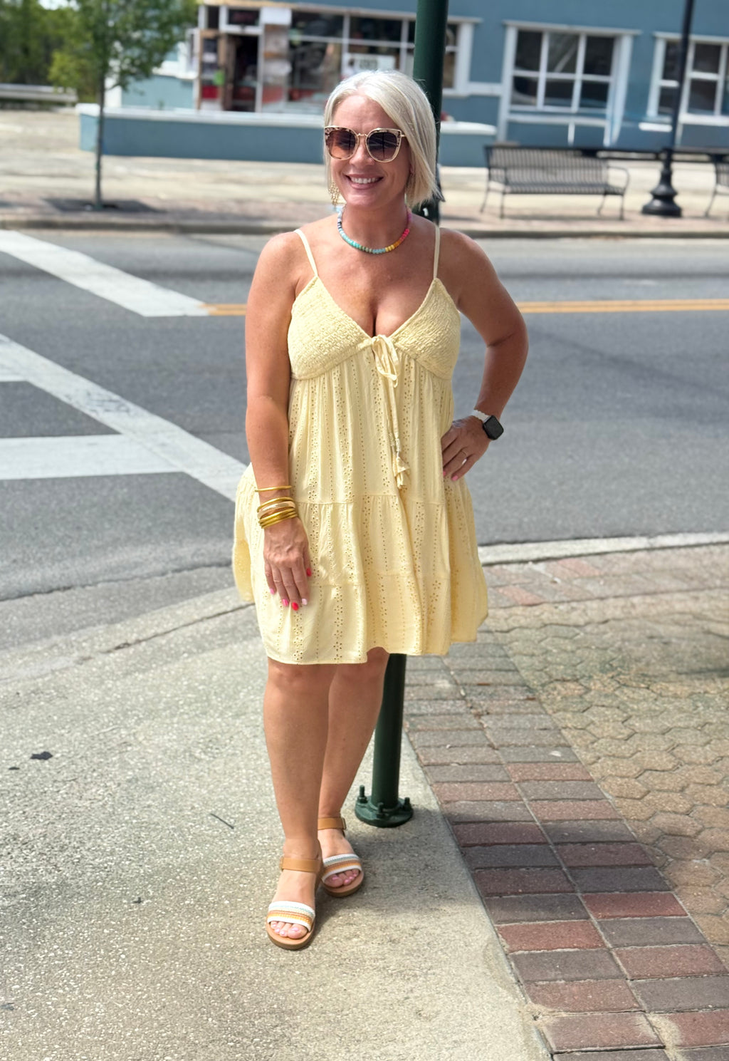 Lemon Eyelet Embroidered V Neck Sundress