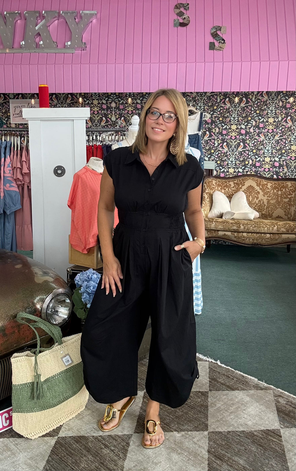 Side Drawstring Hem Detail Wide Leg Jumpsuit in Black