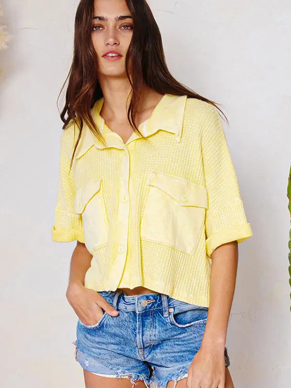 Baby Yellow Washed Waffle Knit Cropped Shirt/Shacket