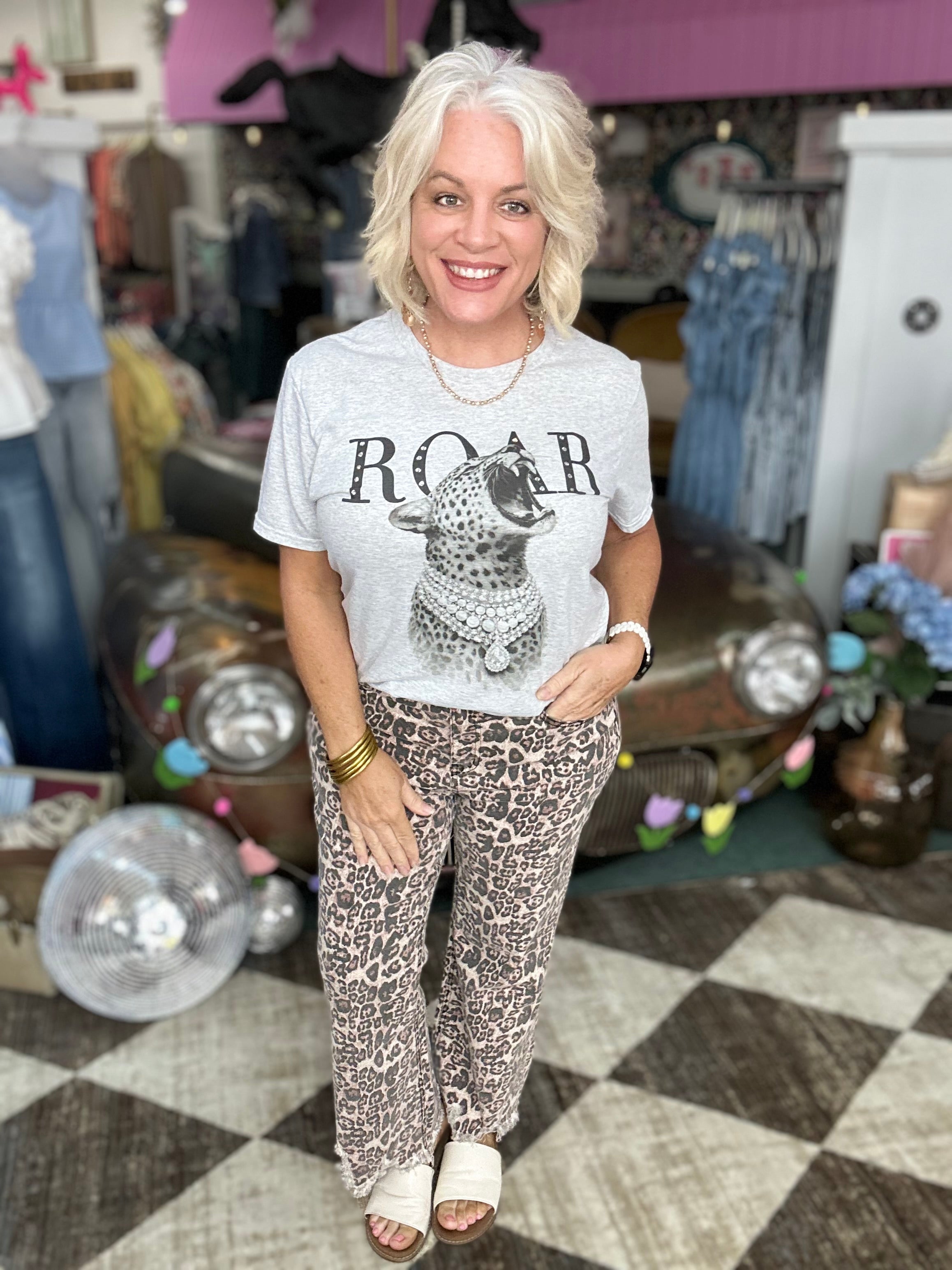 Cheetah Roar with Rhinestones Graphic T-Shirt