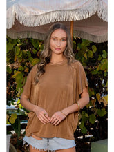 Load image into Gallery viewer, Camel Relaxed Fit Round Neck Cap Sleeves Top
