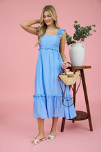 Load image into Gallery viewer, RUFFLE DETAIL EMPIRE WAIST SLEEVELESS MIDI DRESS: BLUE
