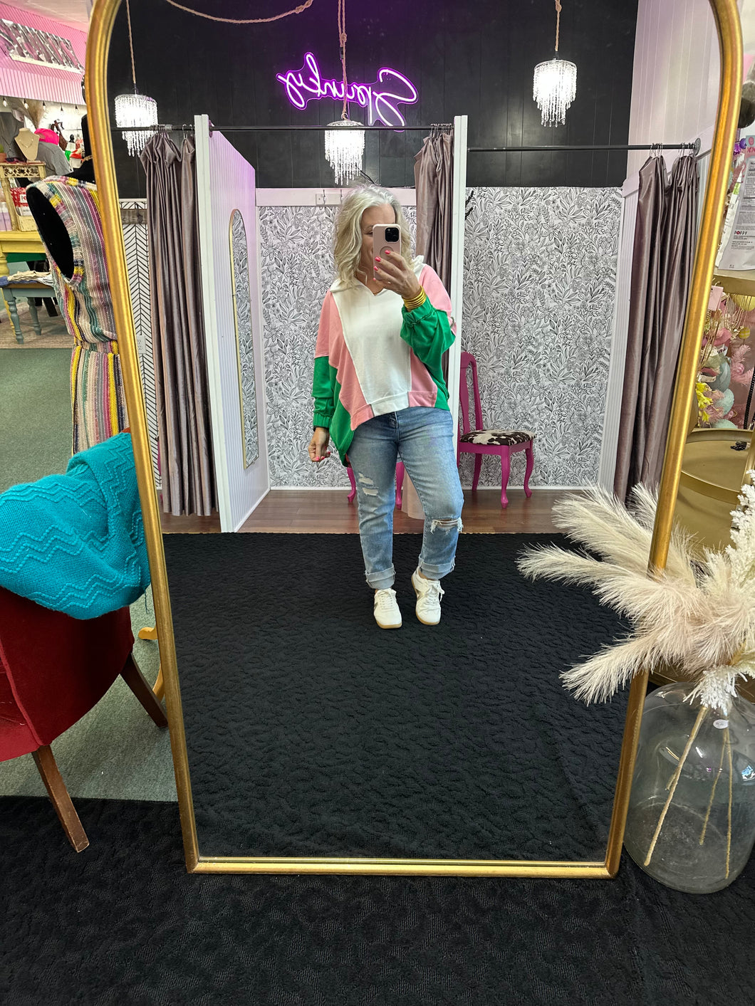 KELLY/pink Oversized Contrasting Color Top