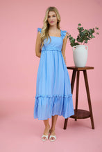 Load image into Gallery viewer, RUFFLE DETAIL EMPIRE WAIST SLEEVELESS MIDI DRESS: BLUE
