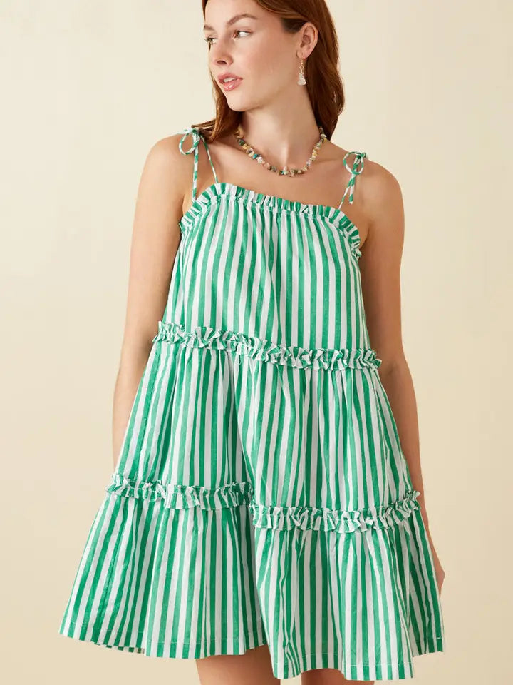 Green Ruffle Trimmed Poplin Stripe Dress