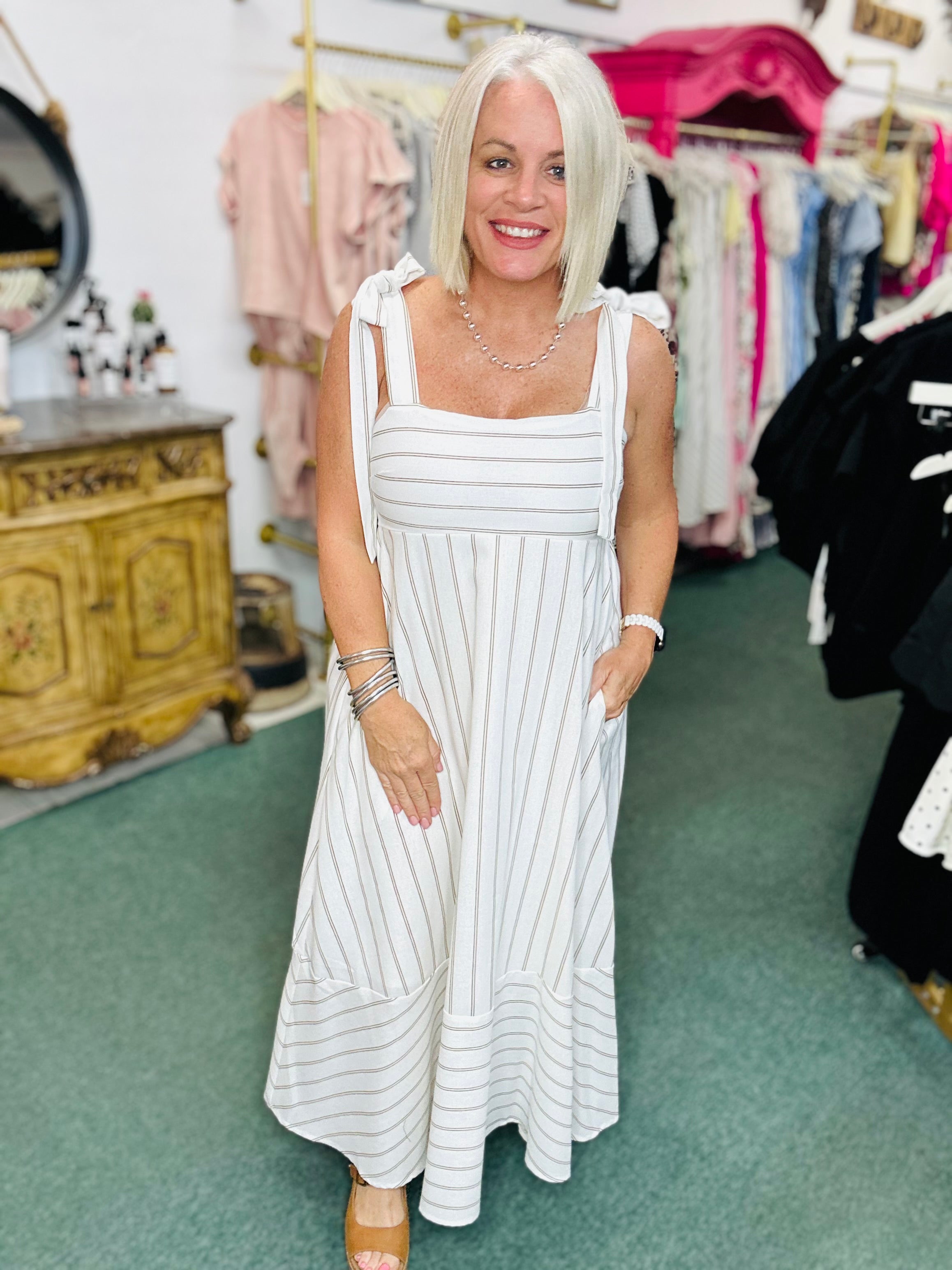 Brown Stripe Tie Strap Detail Empire Waist Midi Dress