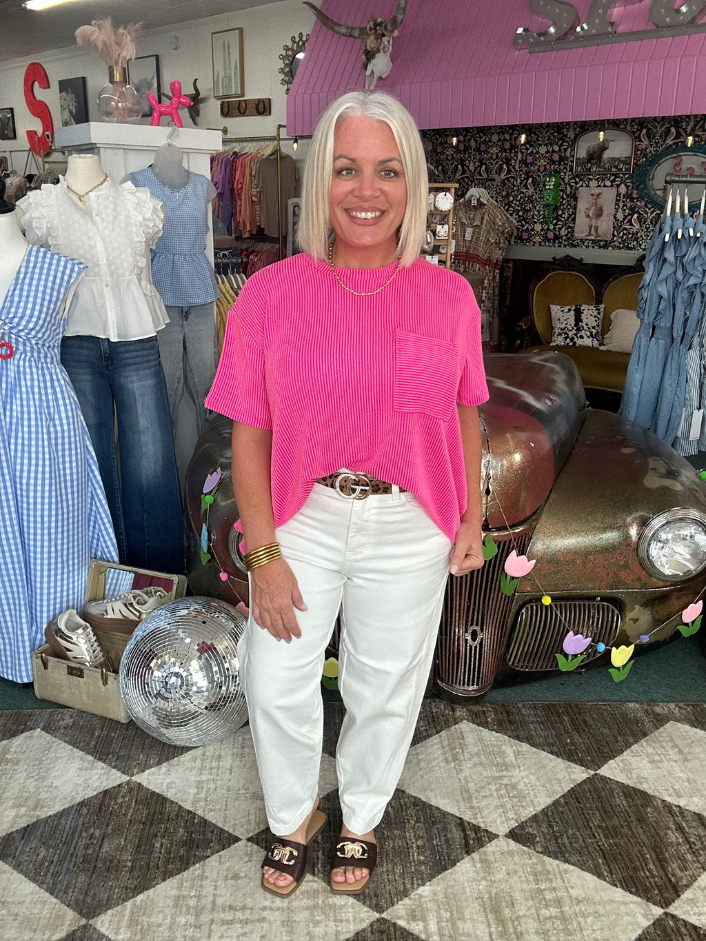 Hot Pink Raised Rib Short Sleeve Front Pocket Top