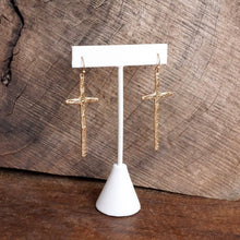 Load image into Gallery viewer, PennyLine inc - Primitive Cross Earrings Dangle Drop Gold Silver: Worn Gold Tone
