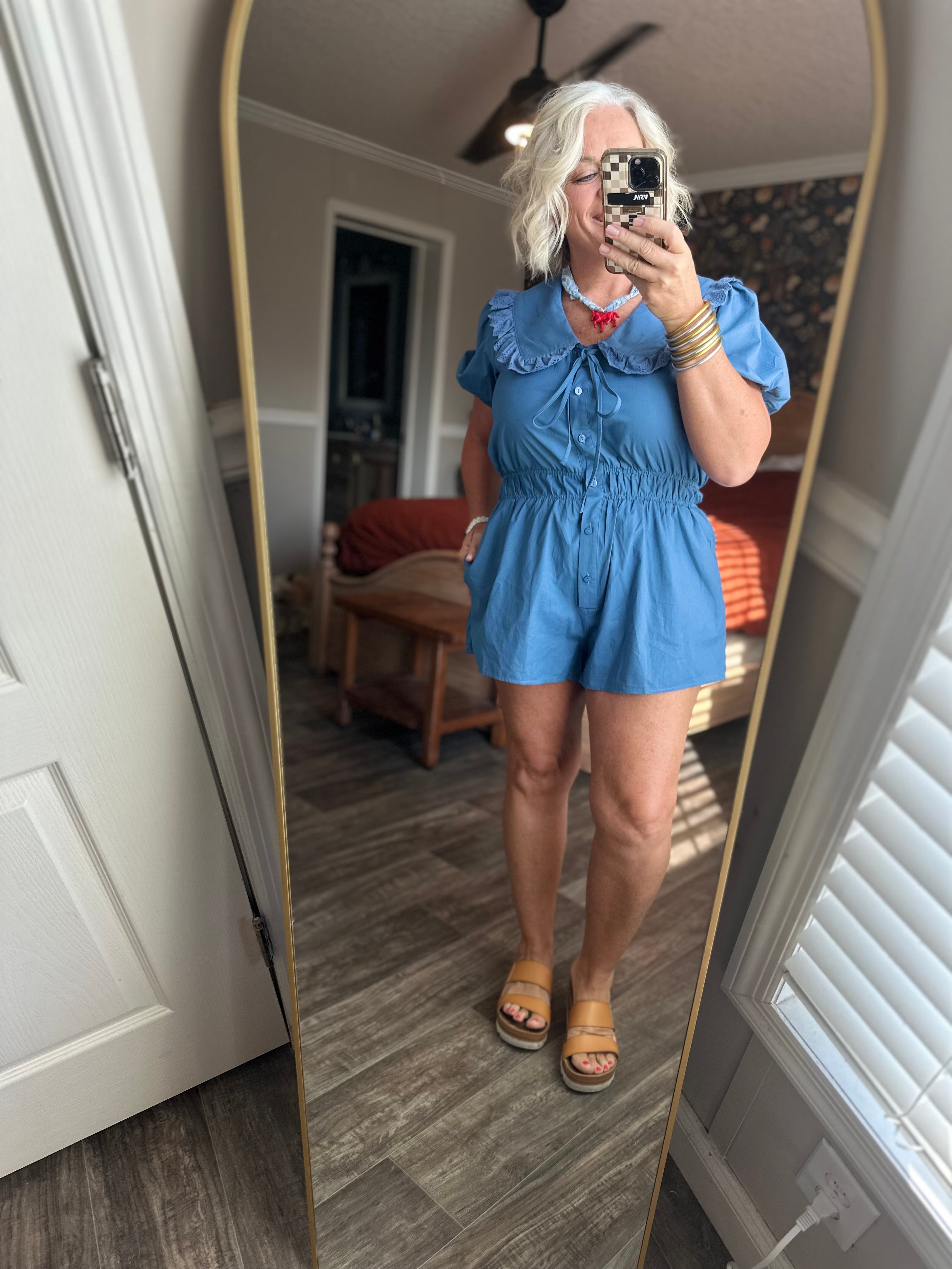 Collared Short Sleeve Romper in Blue