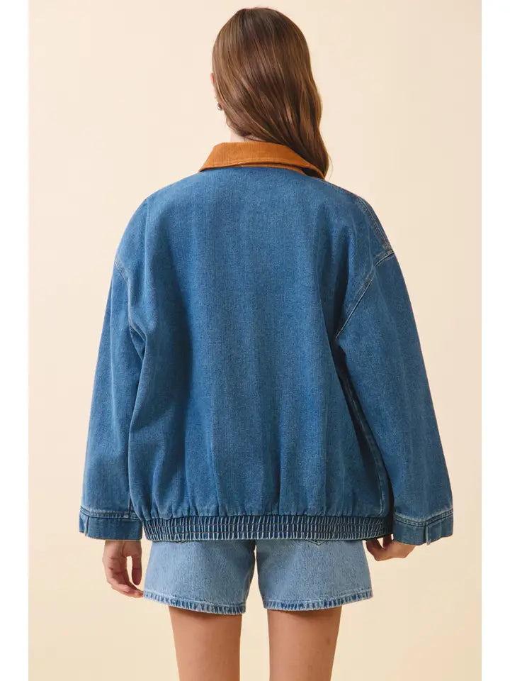 Contrast Corduroy Collar Denim Zip Up Jacket