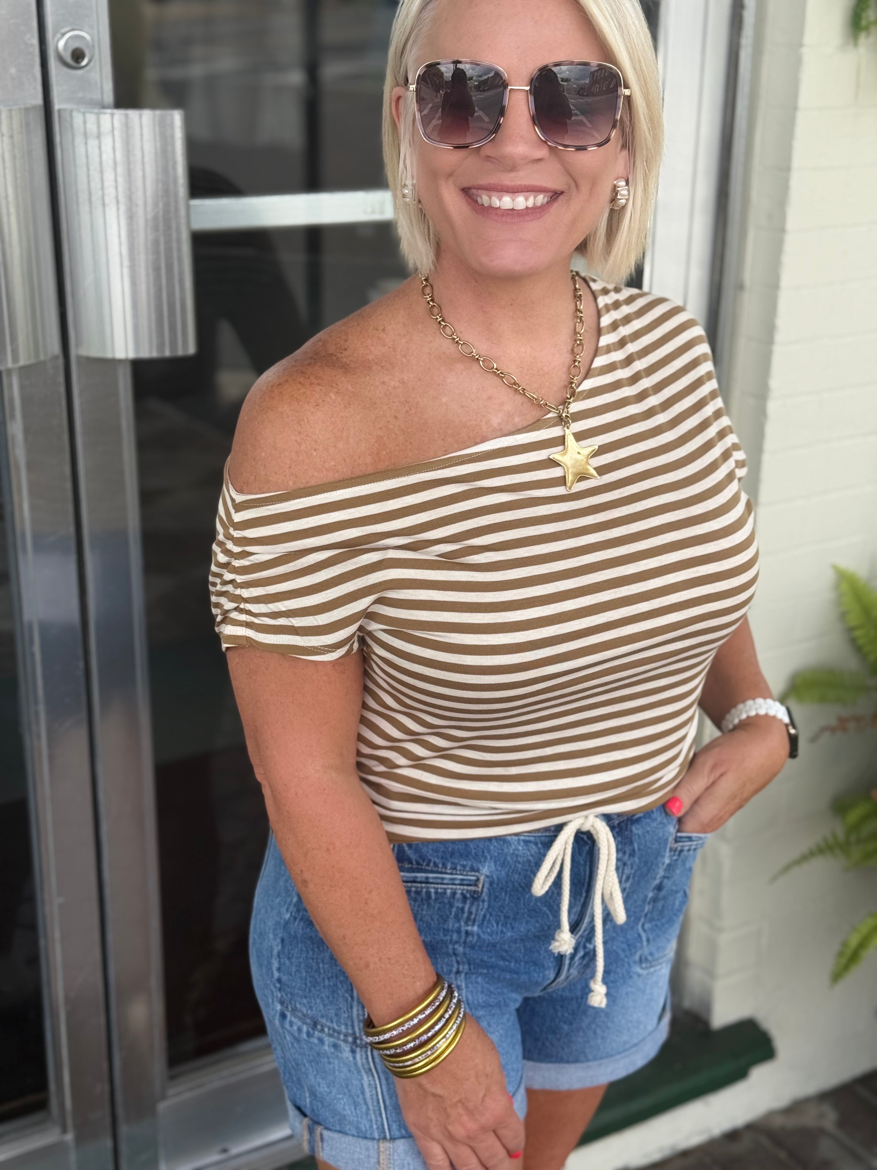 Cream Mocha Striped Asymmetrical Top