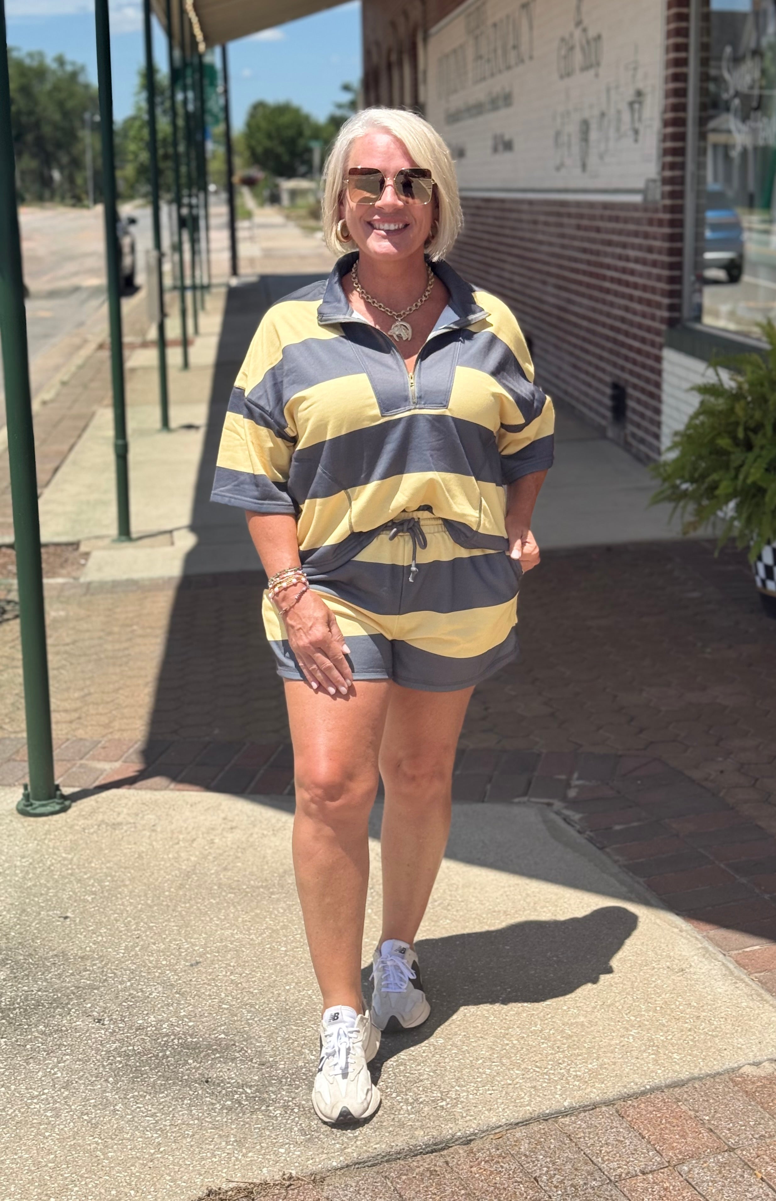 Charcoal and Lemon Vintage Striped Top and Shorts Set