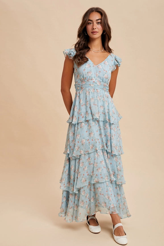 Dusty Blue Tiered Chiffon Floral Dress