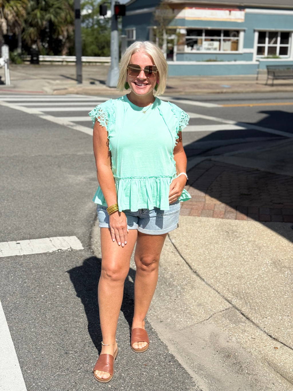 Mint Solid Jersey Tiered Top With Lace Sleeve