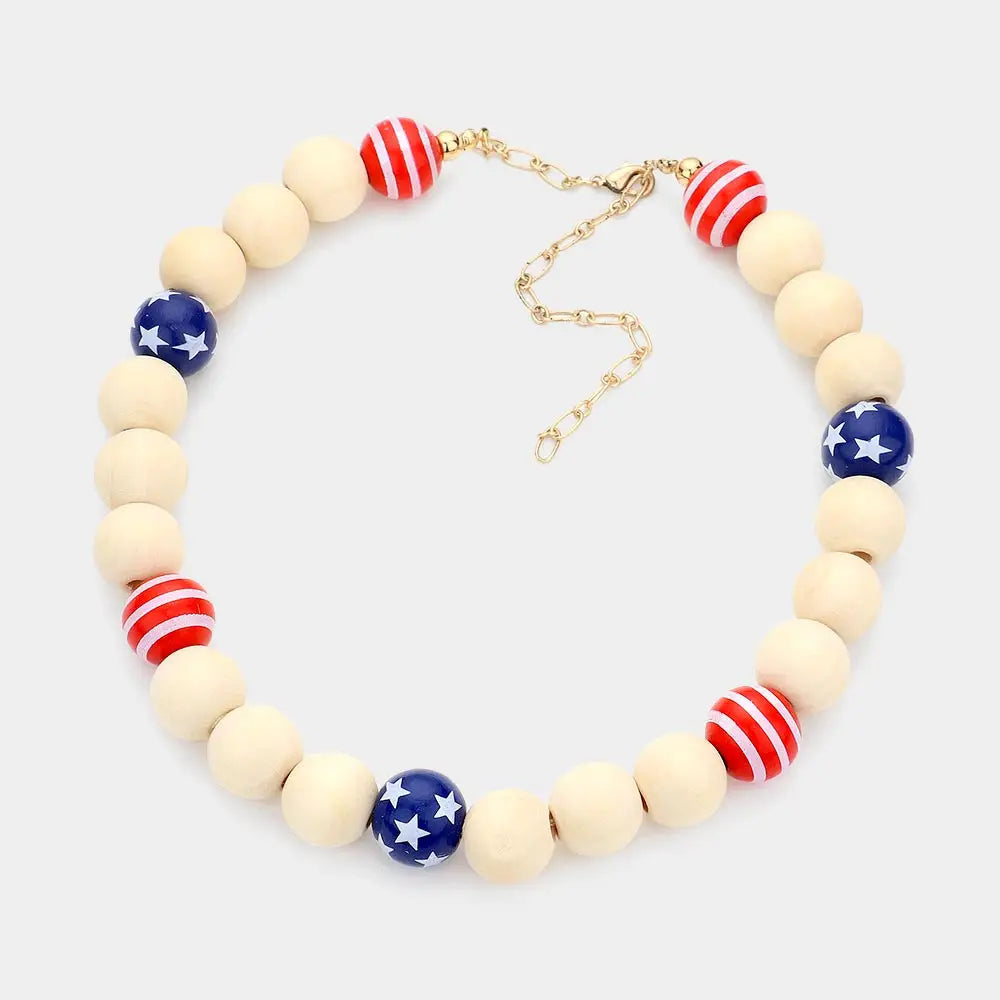 American USA Flag Wood Star Ball Collar Necklace