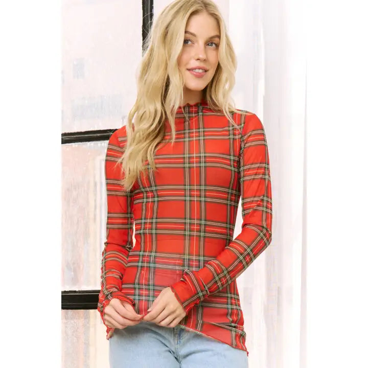 Red Plaid Print Mesh Top