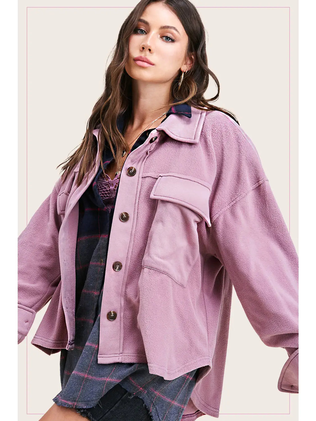 Mauve oversized button-down shacket with long sleeves, relaxed fit, and functional pockets.