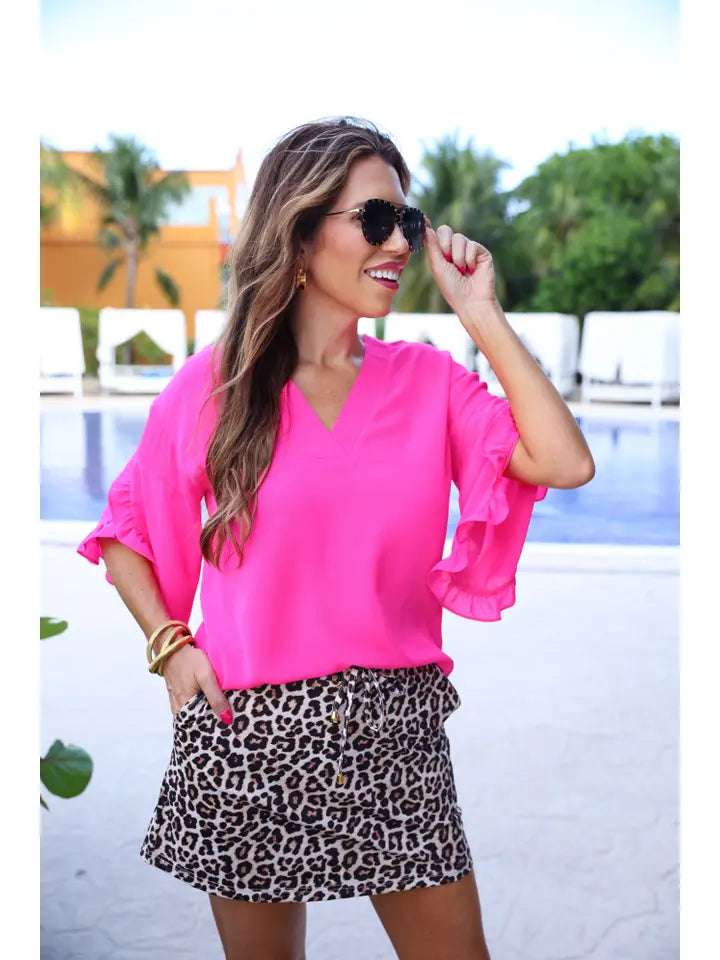 Ruffle Sleeve Top in Hot Pink