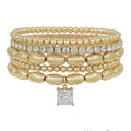 Water Resistant Gold Beaded with Square Rhinestone Drop Set of 4 Stretch Bracelet