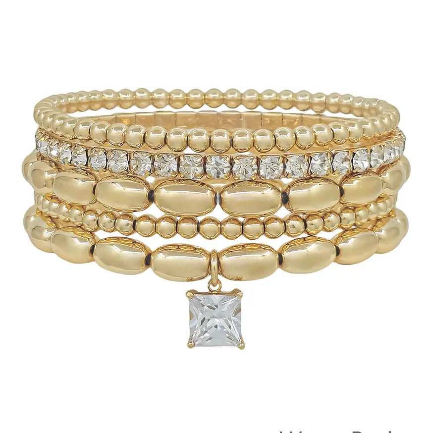 Water Resistant Gold Beaded with Square Rhinestone Drop Set of 4 Stretch Bracelet