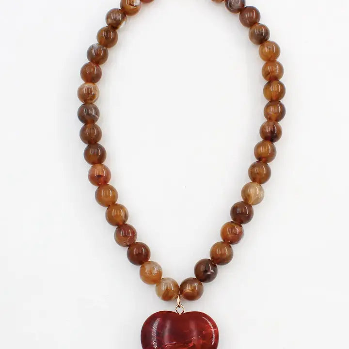 Brown Beaded with Red Tone Natural Stone Heart 16"-18" Necklace