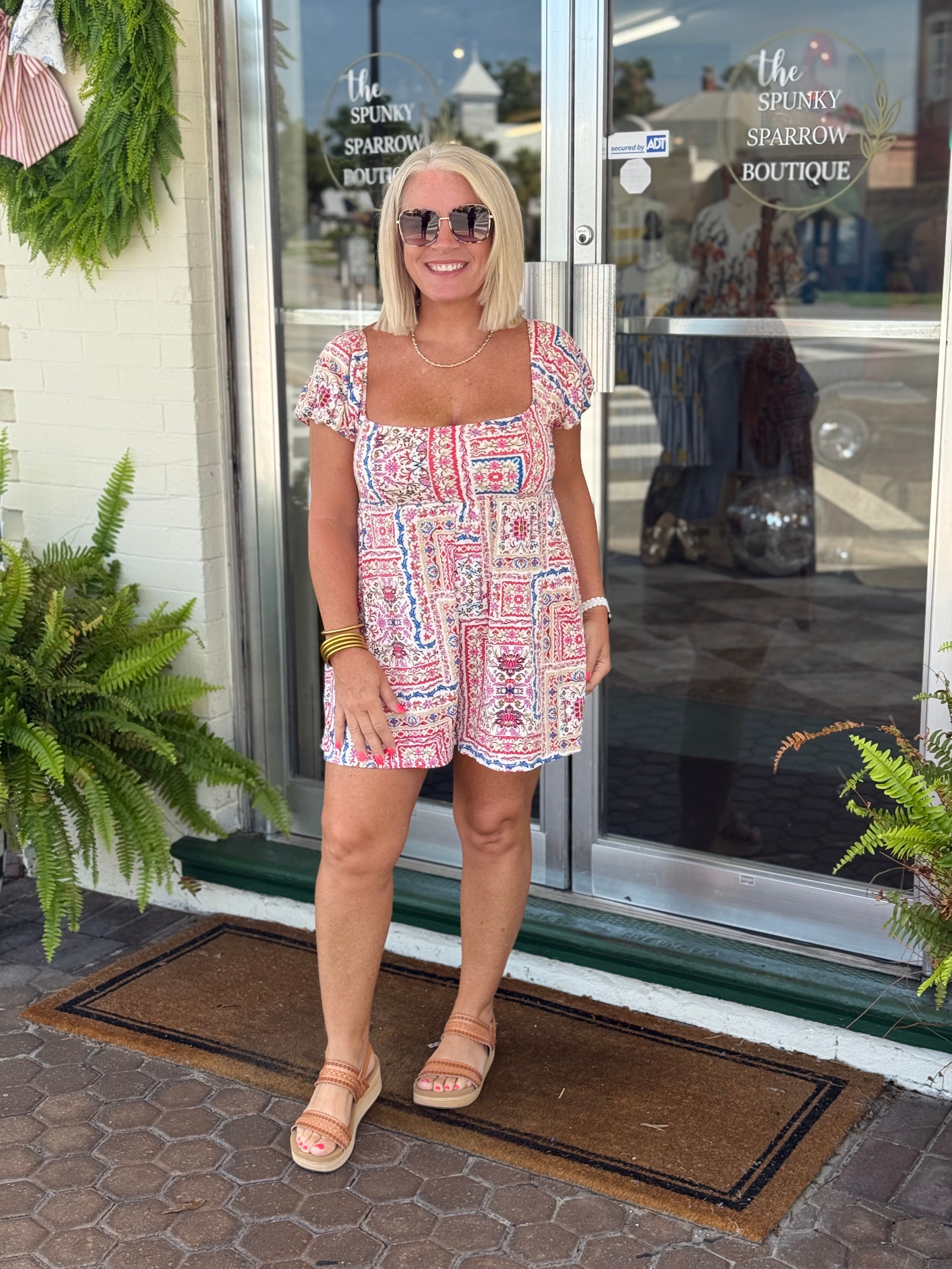 Juniors Boho Patchwork Print Smocked Romper