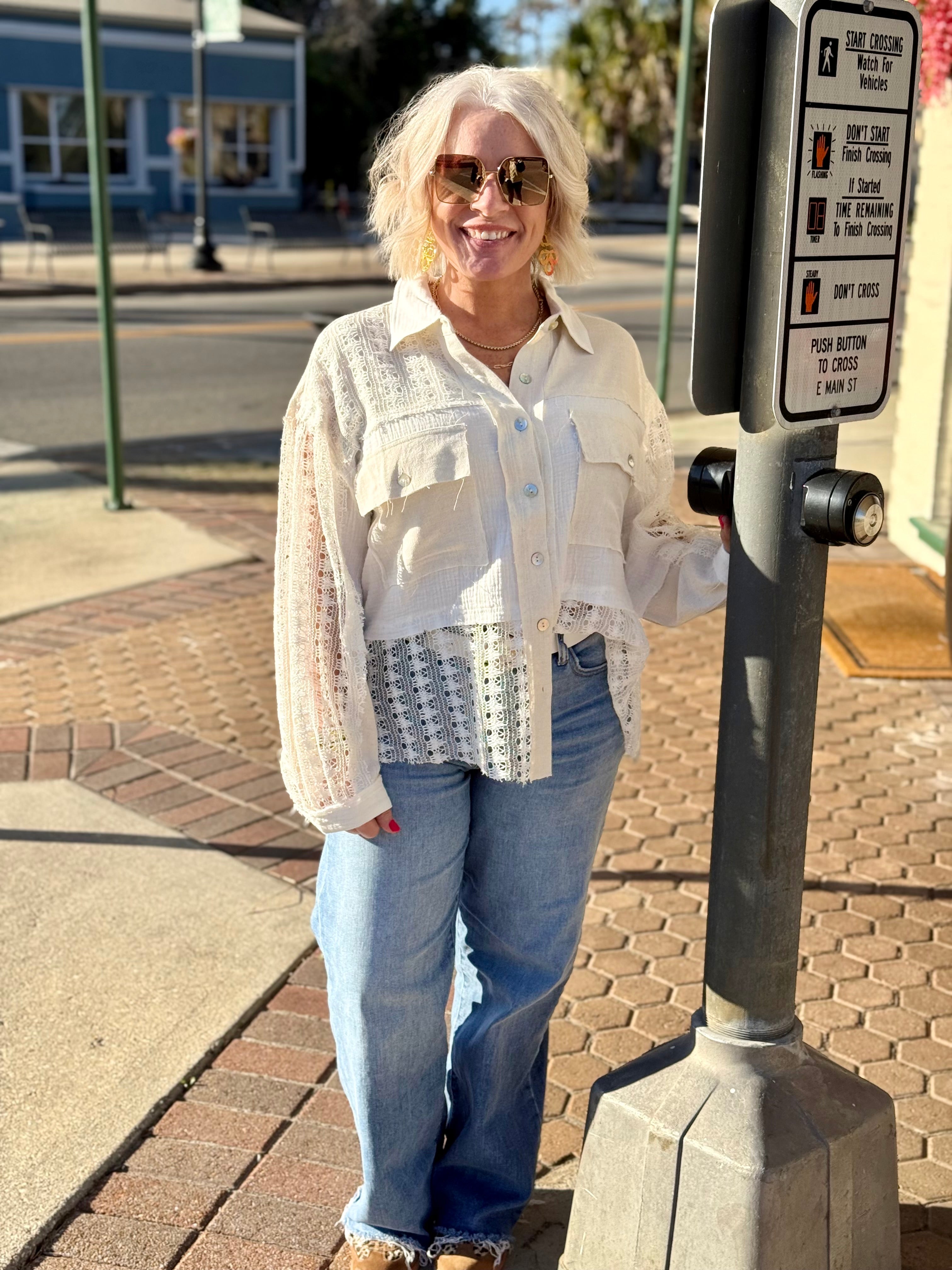 Oatmeal Lace Panel Button-Up Shirt