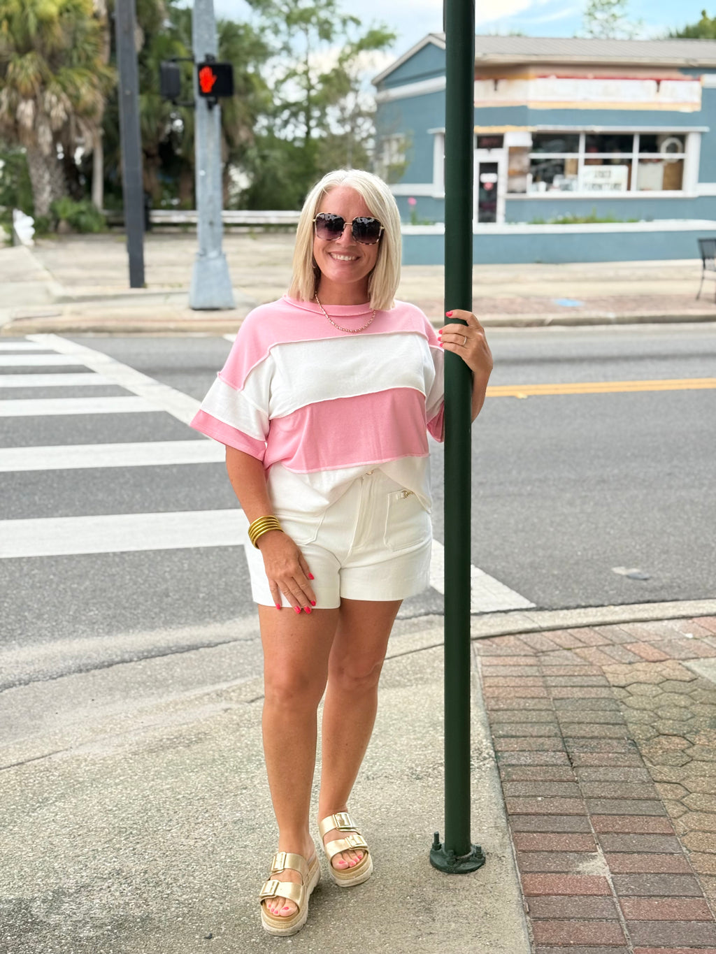 Pink French Terry Color Block Exposed Seam Top