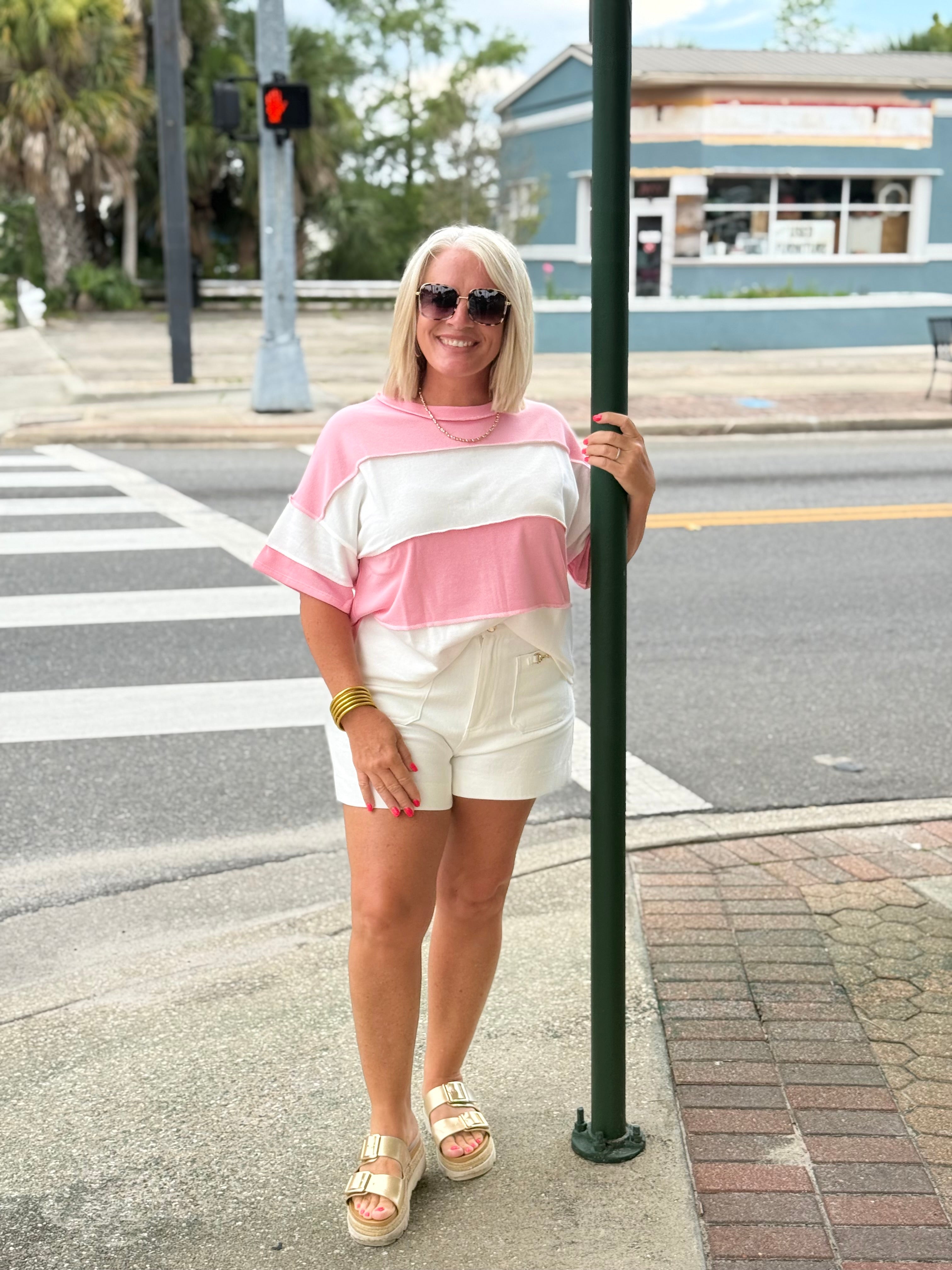 Pink French Terry Color Block Exposed Seam Top