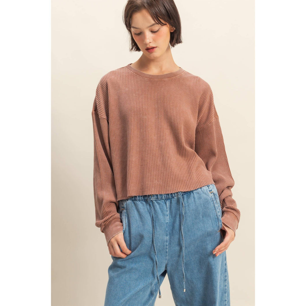 Chestnut Mineral Washed Waffle Long Sleeve Top