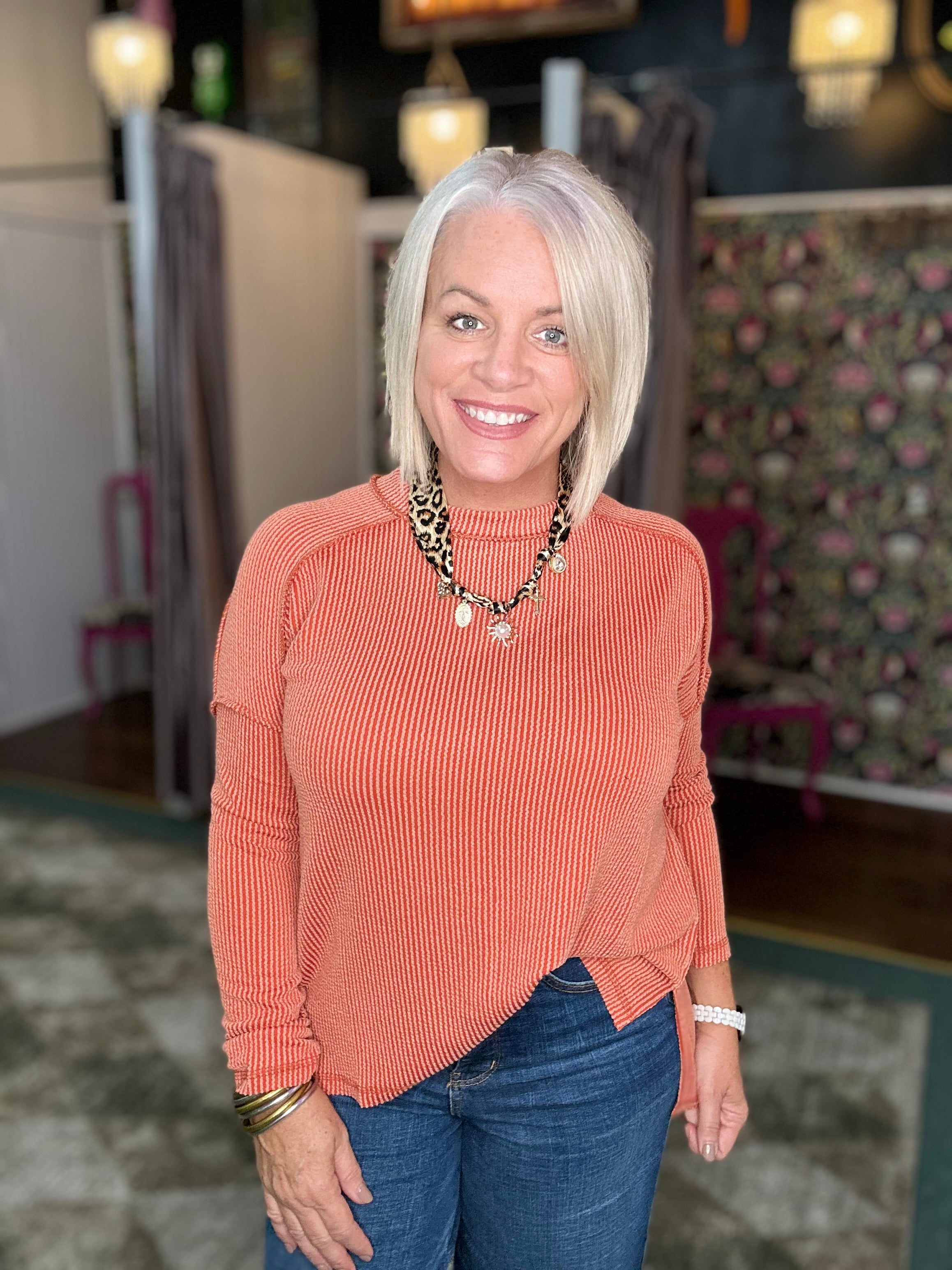 BURNT ORANGE Rib Raw Edge Hi-Low Hem Long Sleeve Top w/ Side Slits