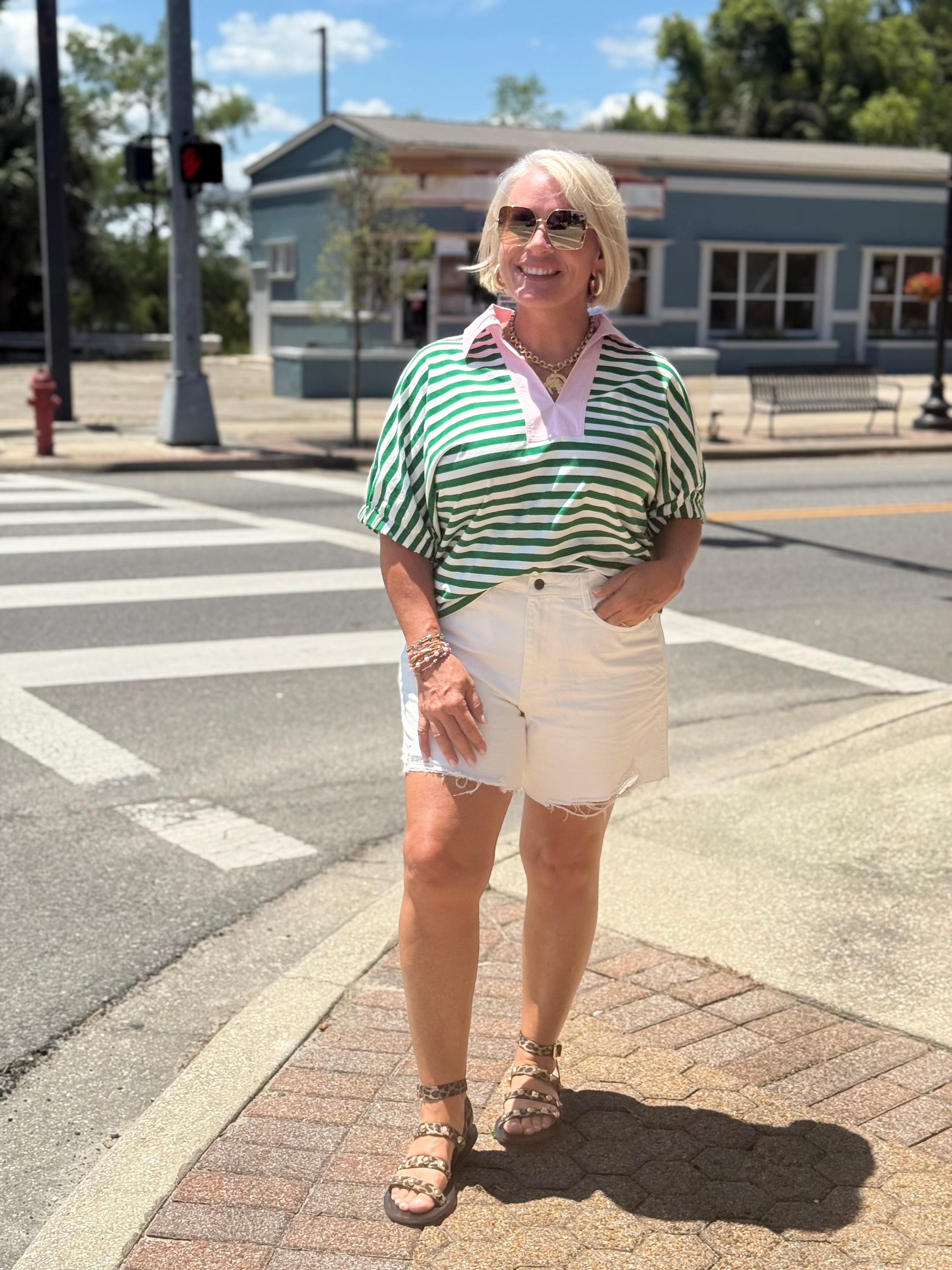 Green and White Striped Pullover Top