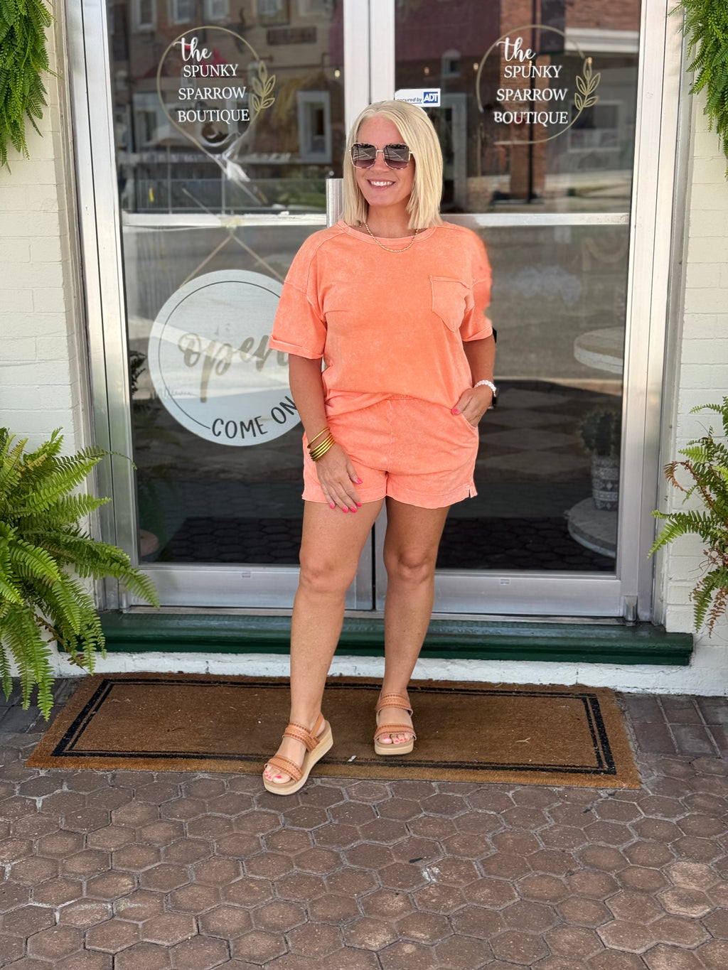 Orange Washed Exposed Seam Top & Shorts Set